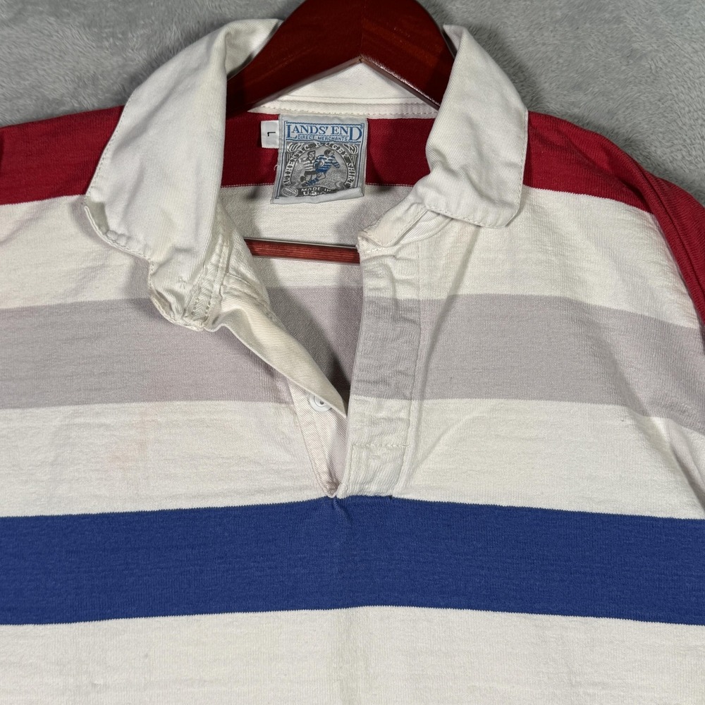 Vintage Lands' End Authentic Rugby Shirt Mens Large Red Blue Stripe Made USA 90s - Picture 2 of 8
